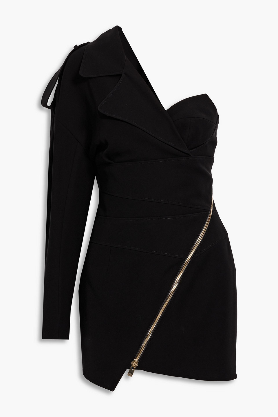 One-sleeve zip-detailed crepe mini dress