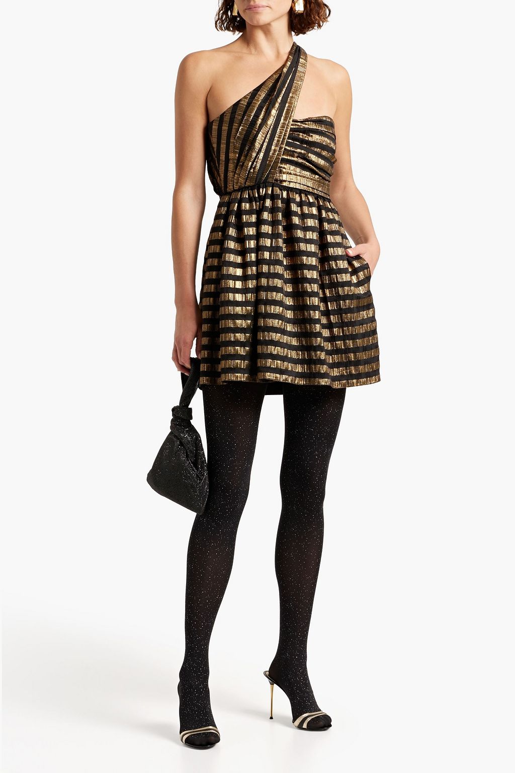 SAINT LAURENT One-shoulder striped silk-blend lamé mini dress