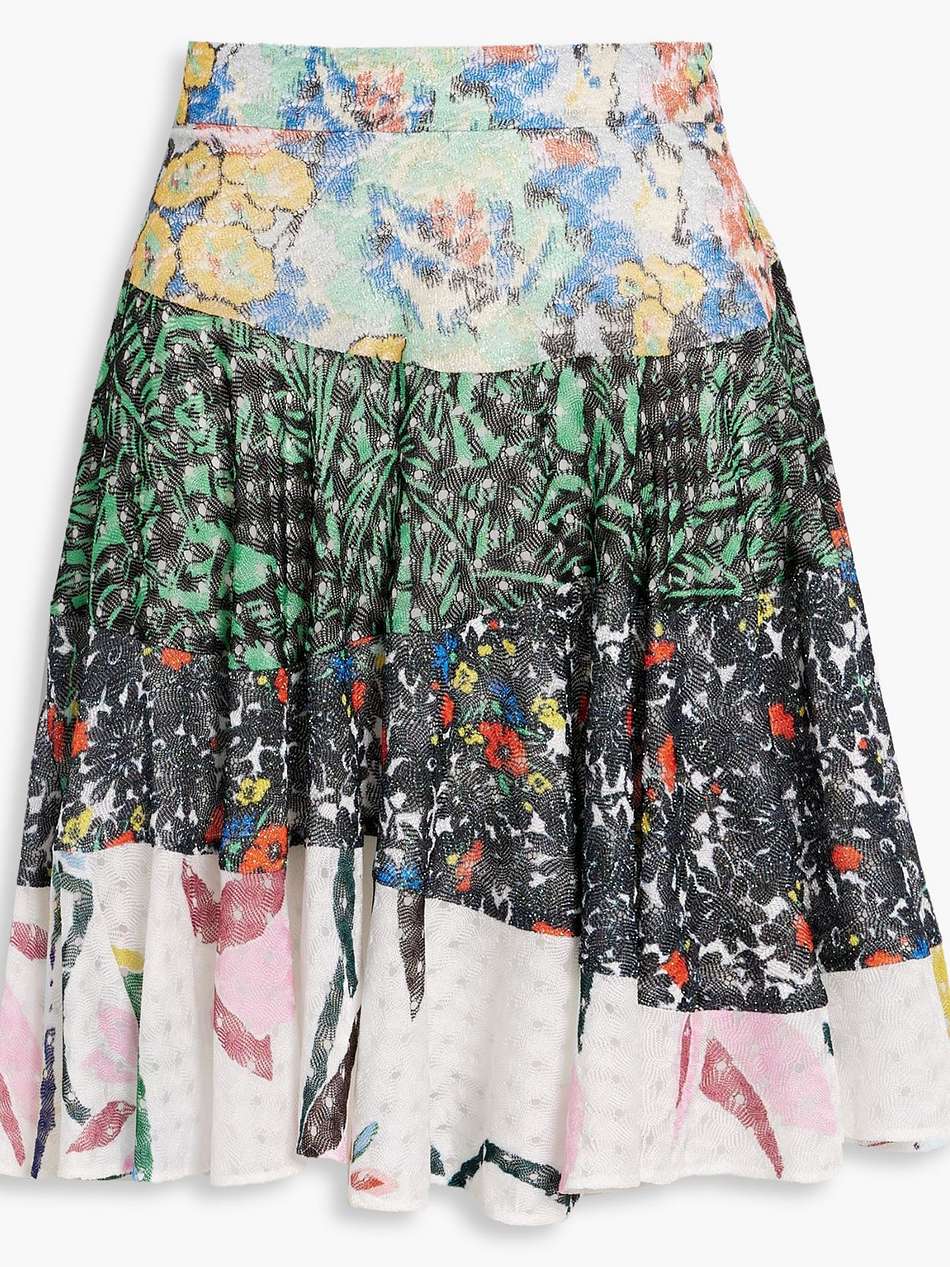 printed metallic crochet-knit mini skirt