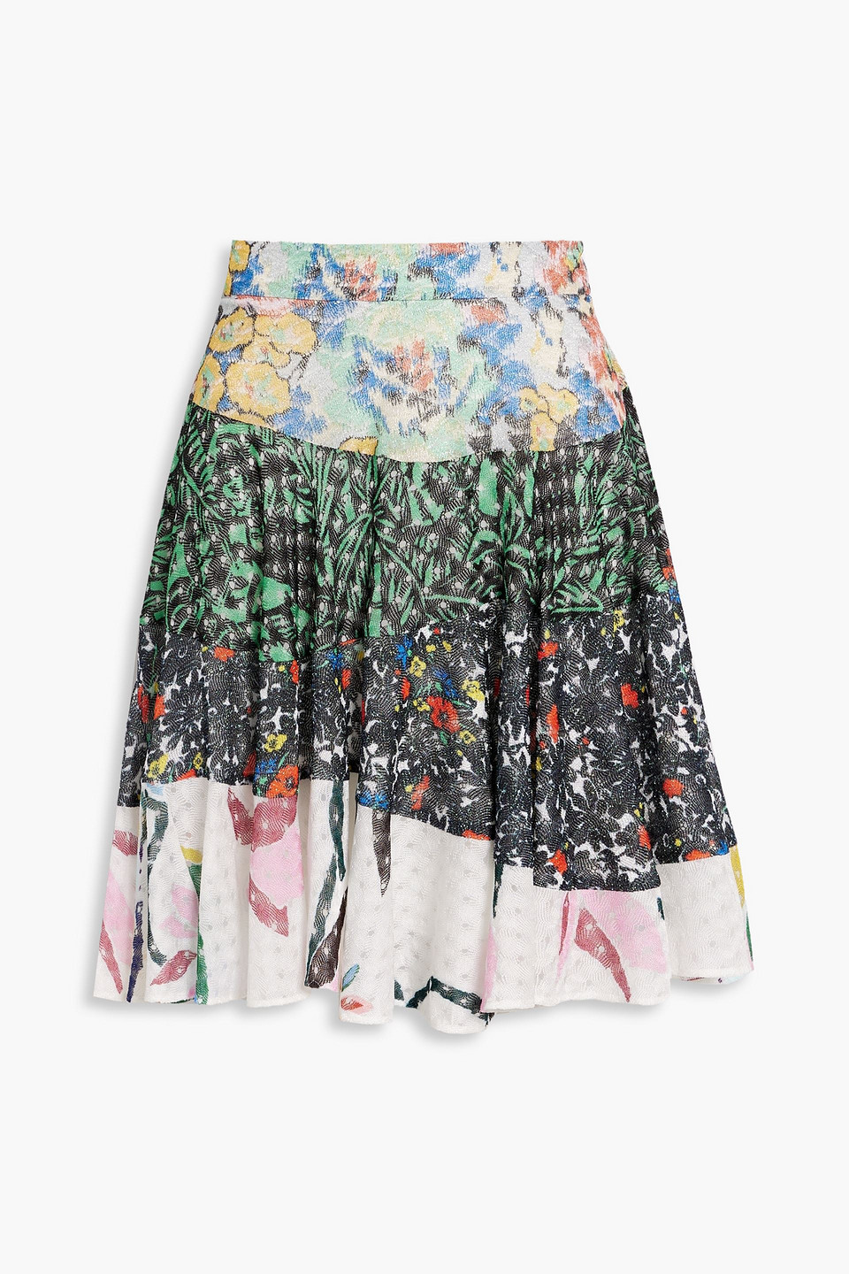 Printed metallic crochet-knit mini skirt