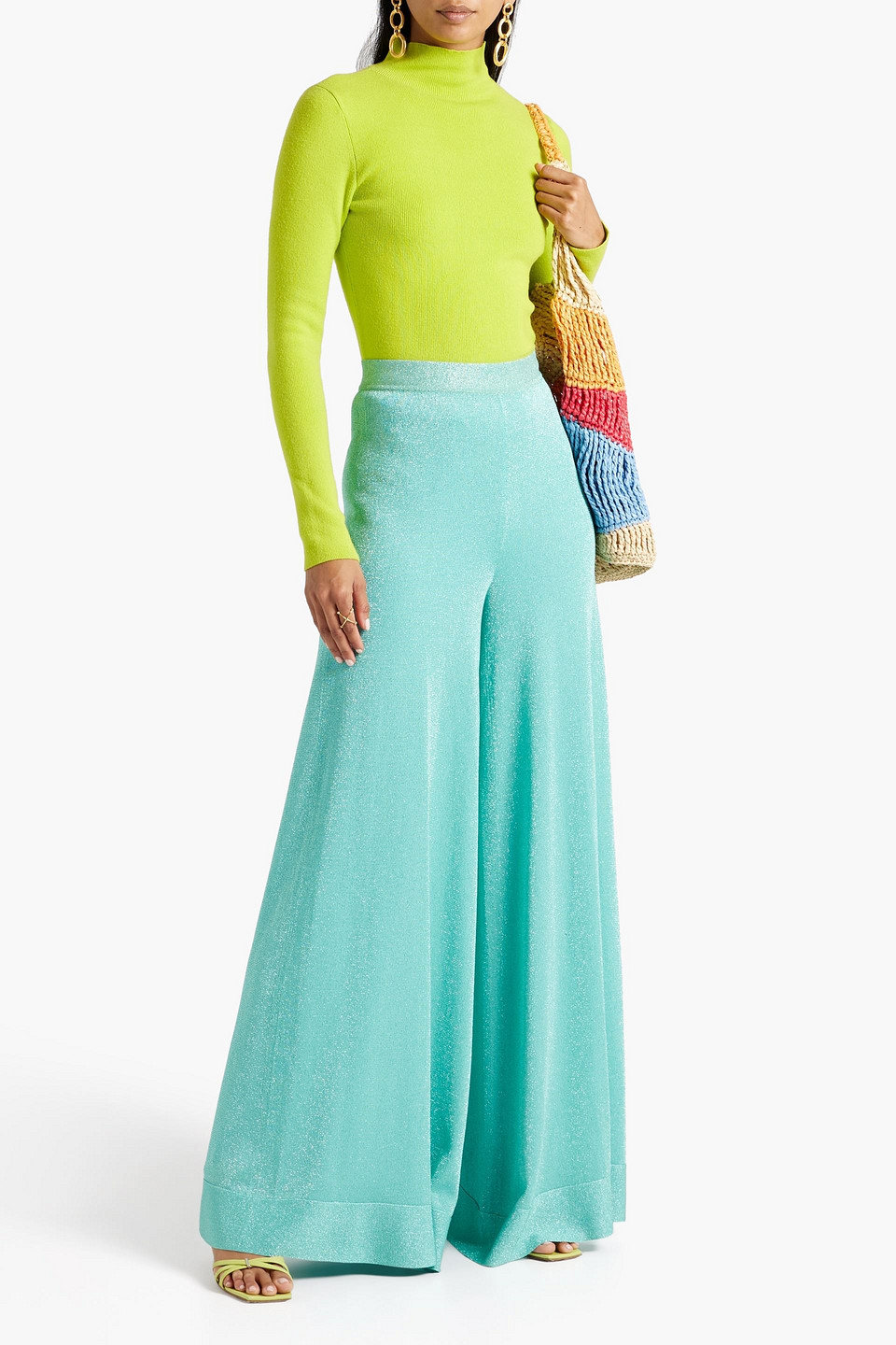 Missoni Metallic Crochet-knit Silk-blend Wide-leg Pants In Turquoise