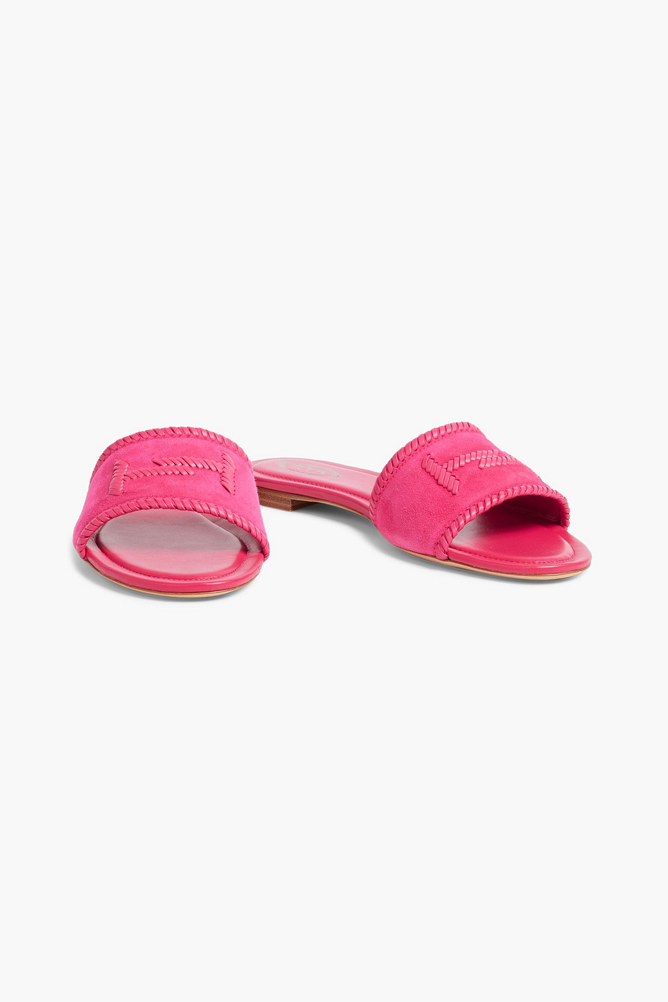 Shop Tod's Double T Whipstitched Suede Slides In Fuchsia