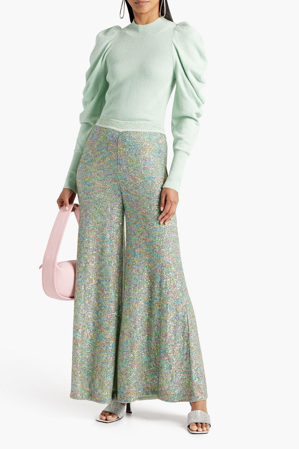 Missoni Sequin-embellished Crochet-knit Silk-blend Wide-leg Pants In Mint