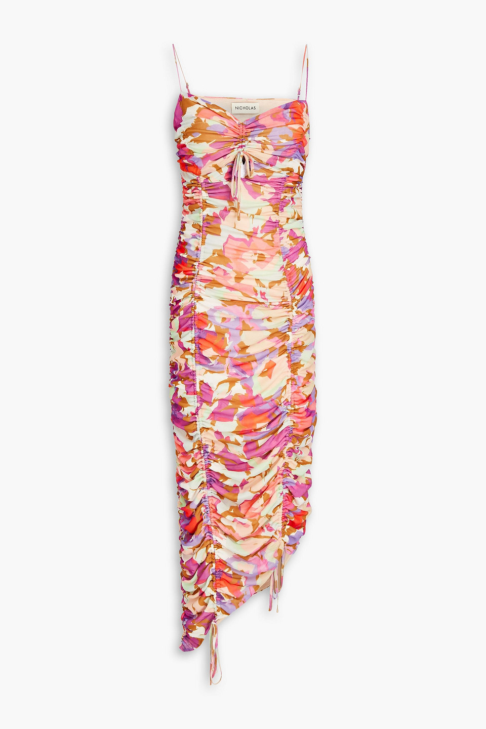 Nicholas Maisie Ruched Printed Stretch-mesh Midi Dress In Violet