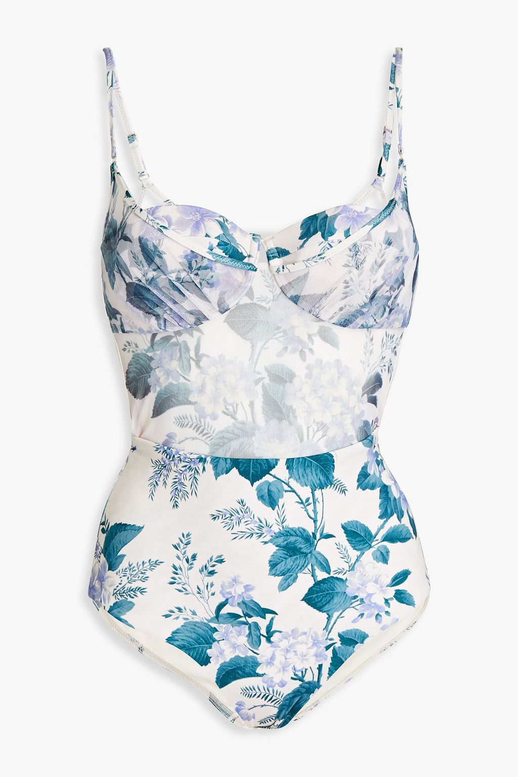 Mesh-paneled cutout floral-print underwired swimsuit