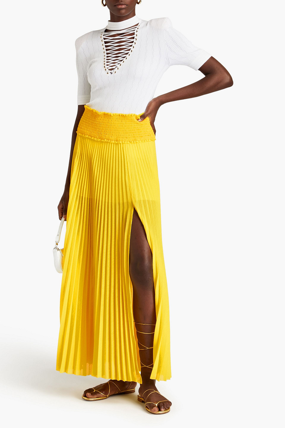 Balmain Pleated Shirred Georgette Maxi Skirt In Yellow