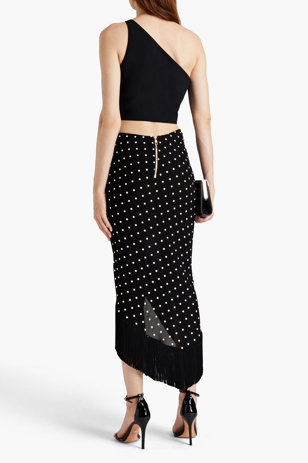 BALMAIN Fringed polka-dot crepe midi skirt