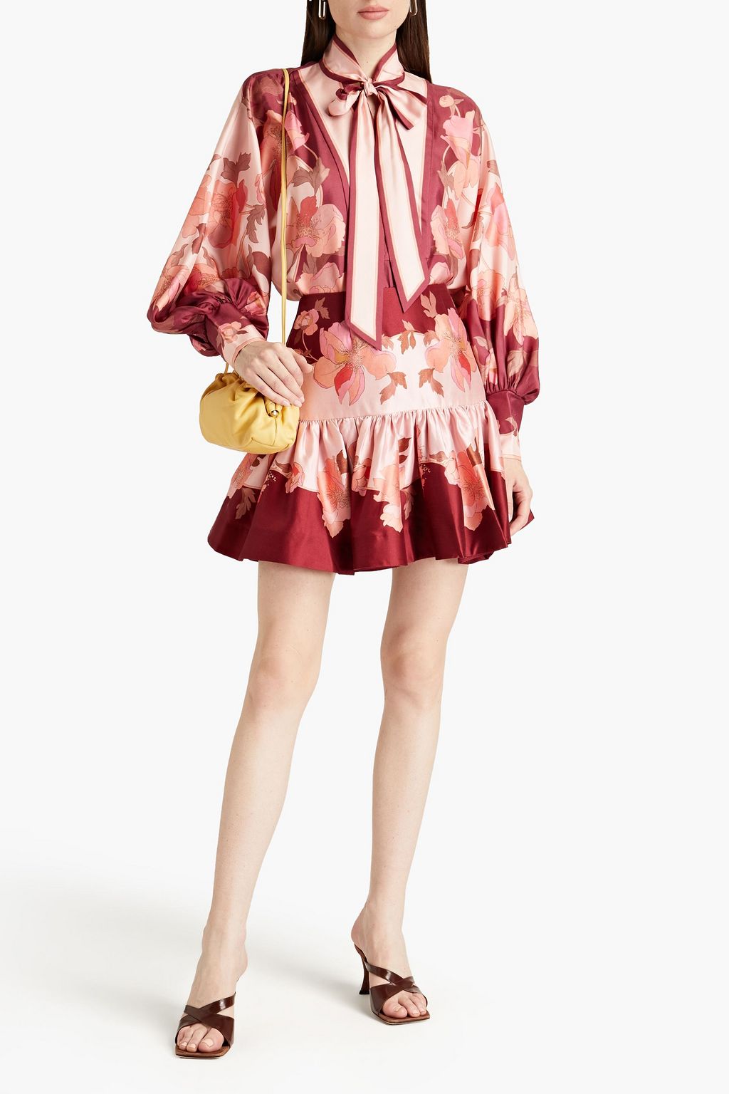 ZIMMERMANN Geraffter Minirock aus Twill aus einer Woll-Seidenmischung mit floralem Print