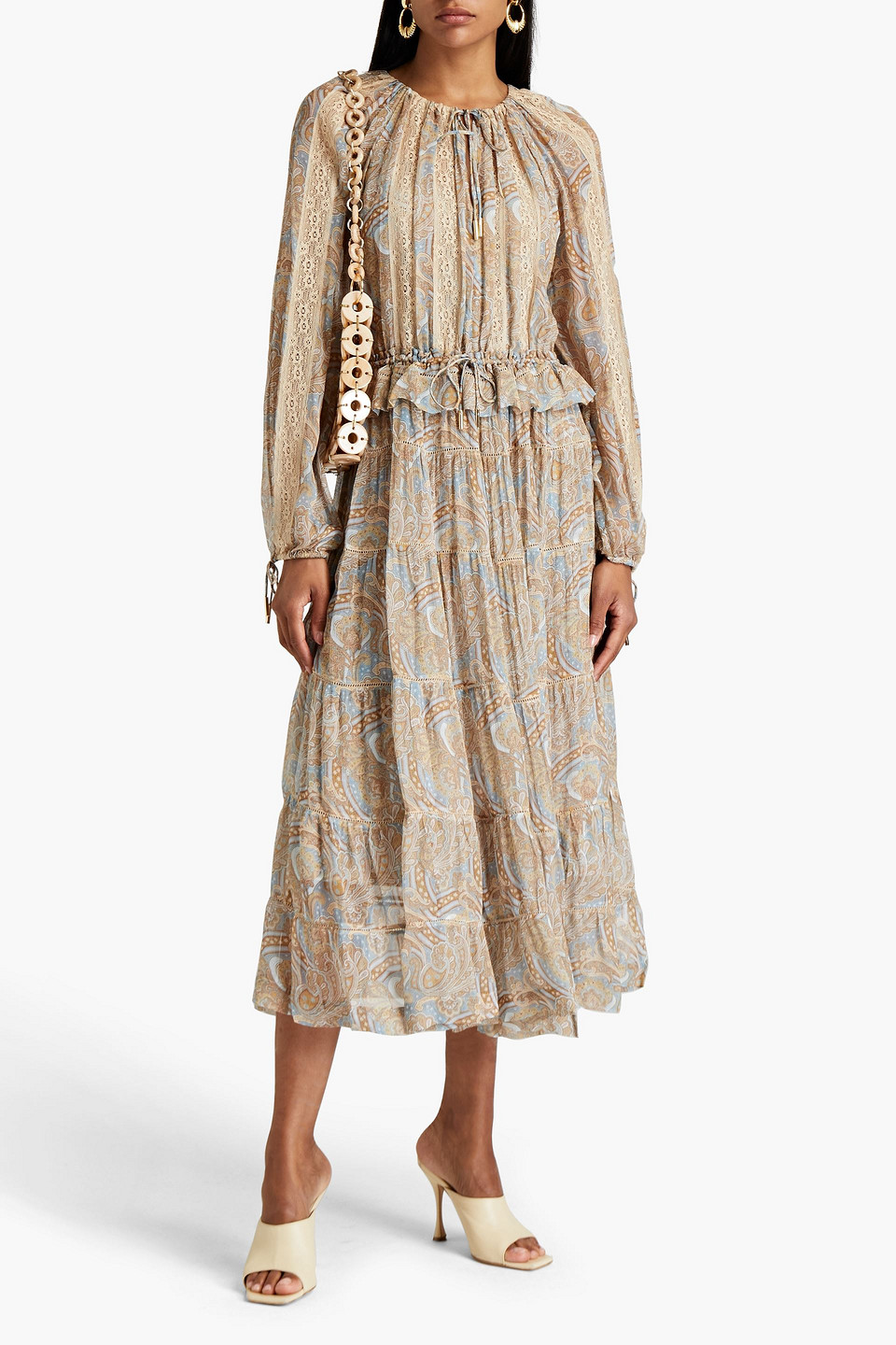 Zimmermann Rhythm Lace-trimmed Printed Crepon Midi Dress In Neutrals