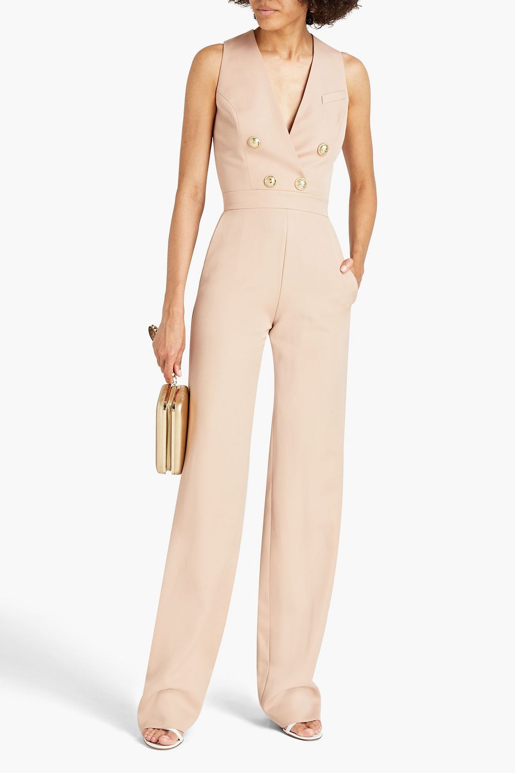 BALMAIN Wrap-effect button-embellished grain de poudre wool jumpsuit