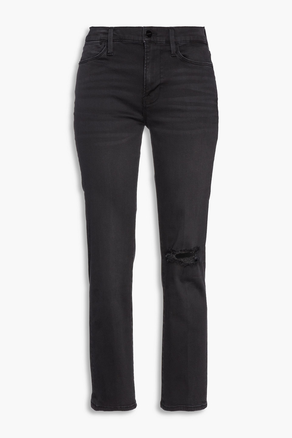 Frame Le High Straight Cropped Distressed High-rise Straight-leg Jeans In Black