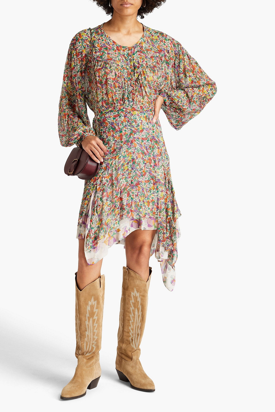 Isabel Marant Orionea Gathered Floral-print Silk-crepon Blouse In Bunt