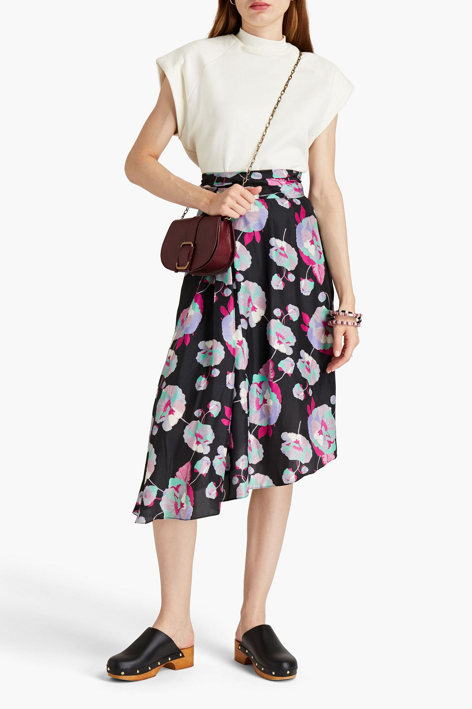 Isabel Marant Javenia Asymmetric Floral-print Silk Midi Skirt In Schwarz