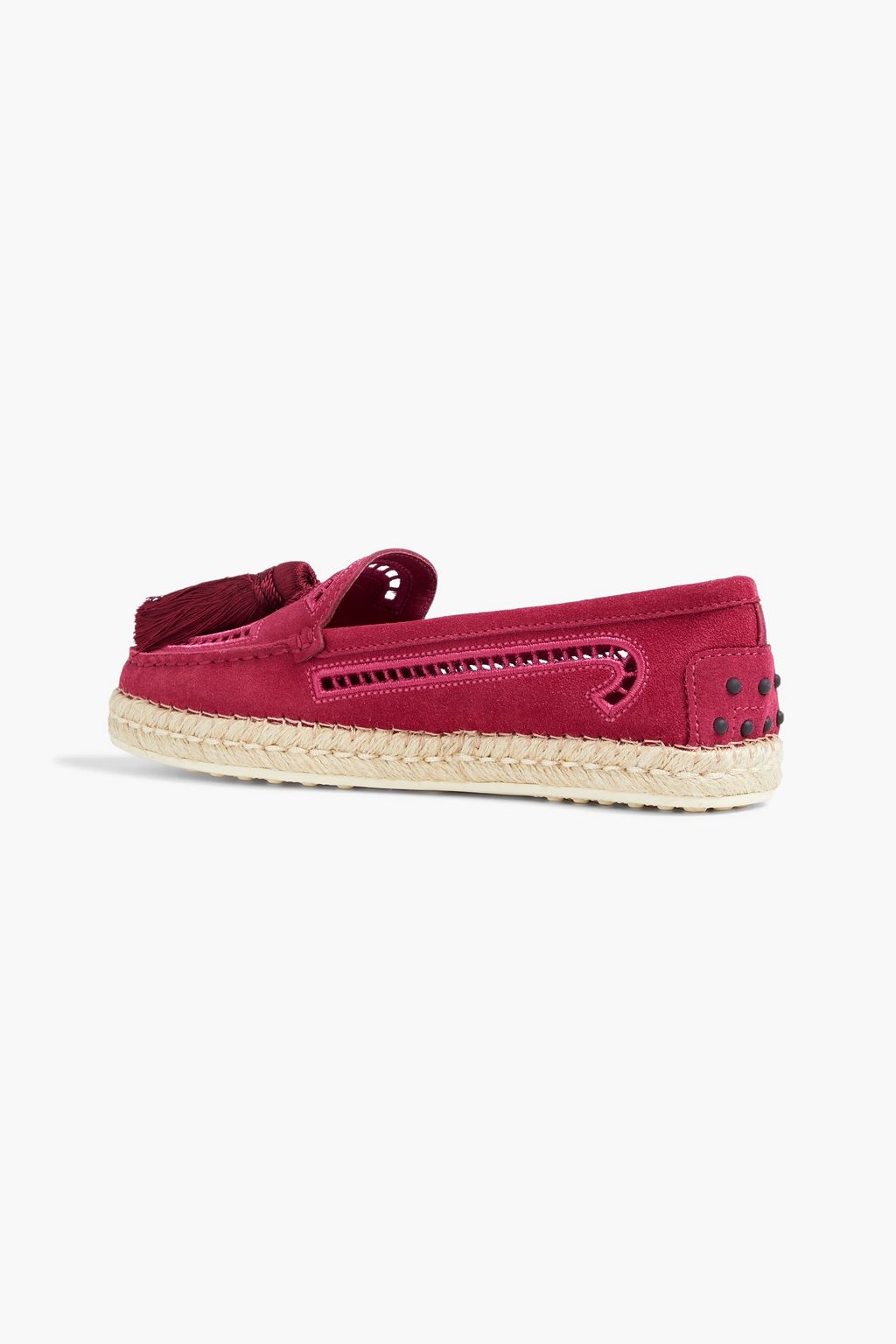 TOD'S Tasseled crochet-trimmed suede loafers