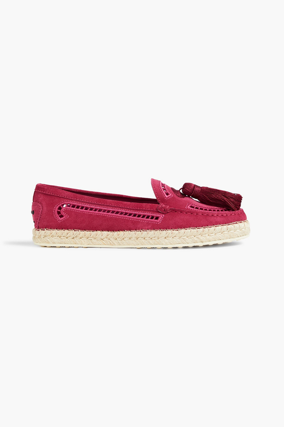 Tod's Tasseled Crochet-trimmed Suede Espadrilles In Magenta