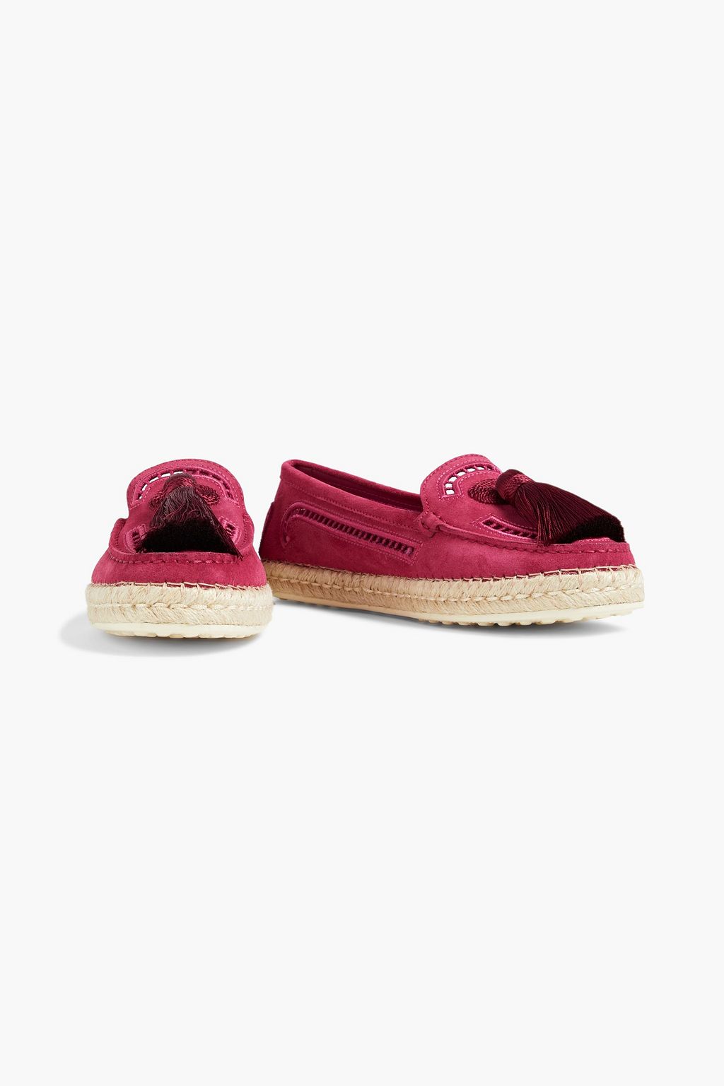 TOD'S Tasseled crochet-trimmed suede loafers