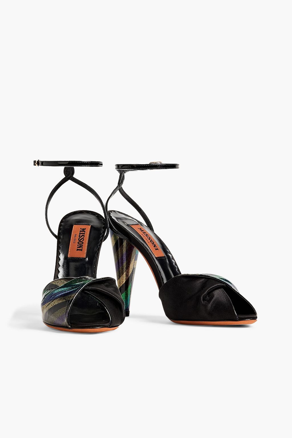 MISSONI Twisted metallic striped patent-leather and satin sandals