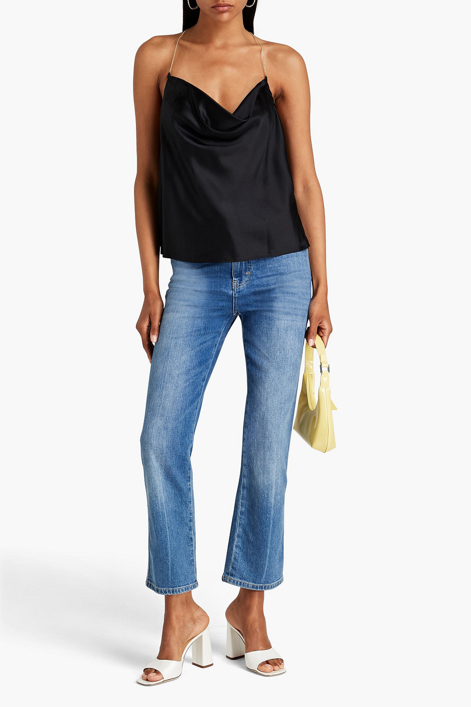 Cami Nyc Cropped Chain-trimmed Stretch-silk Satin Camisole In Black