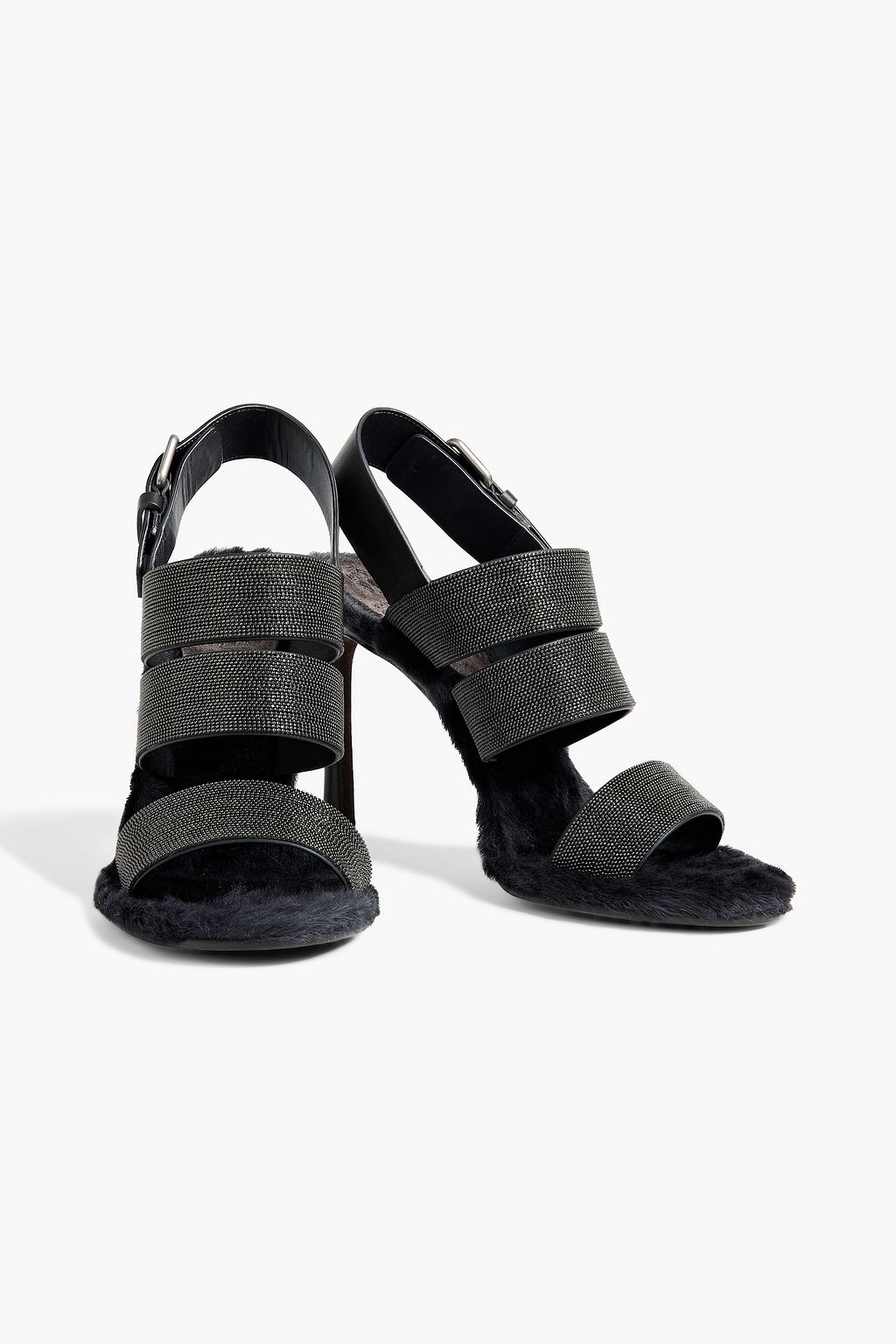 BRUNELLO CUCINELLI Slingback-Sandalen aus Leder und Kalbshaar mit Zierperlen