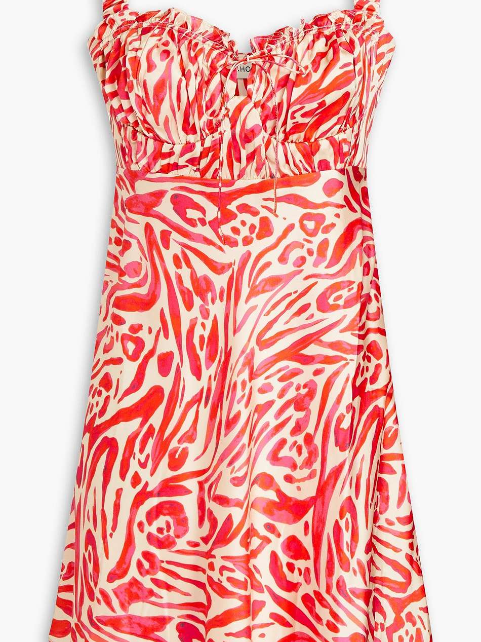simie gathered printed silk-satin mini dress