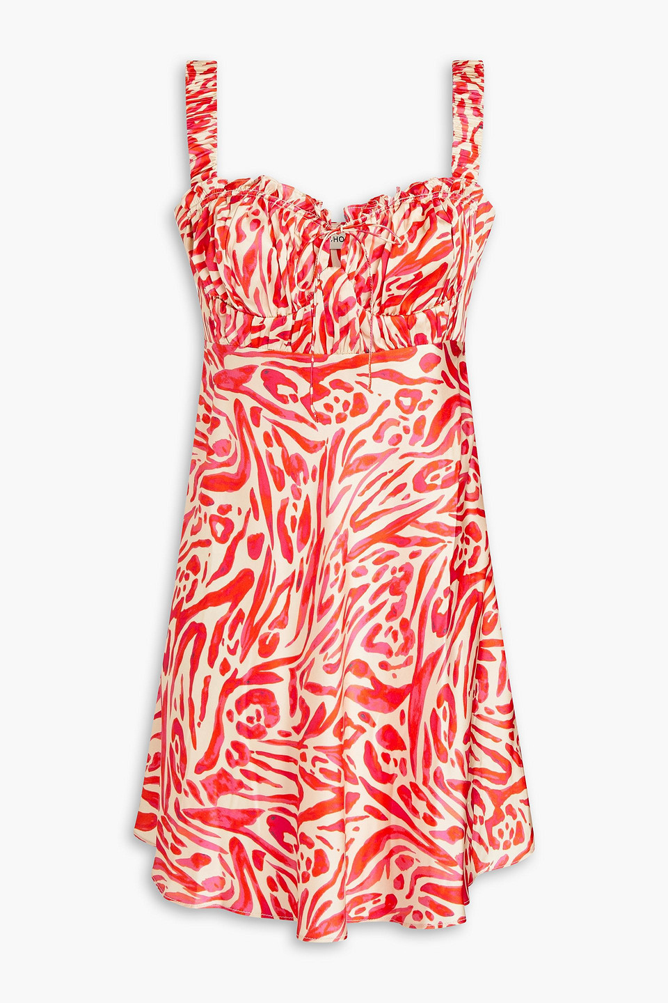 Gathered printed silk-satin mini dress