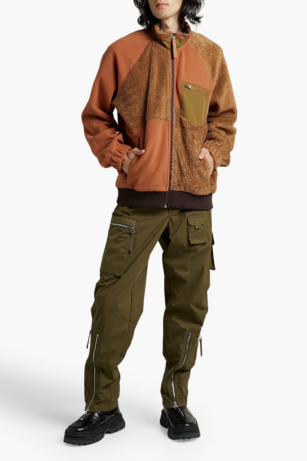 HELMUT LANG Patchwork-effect faux shearling and cotton-blend fleece jacket