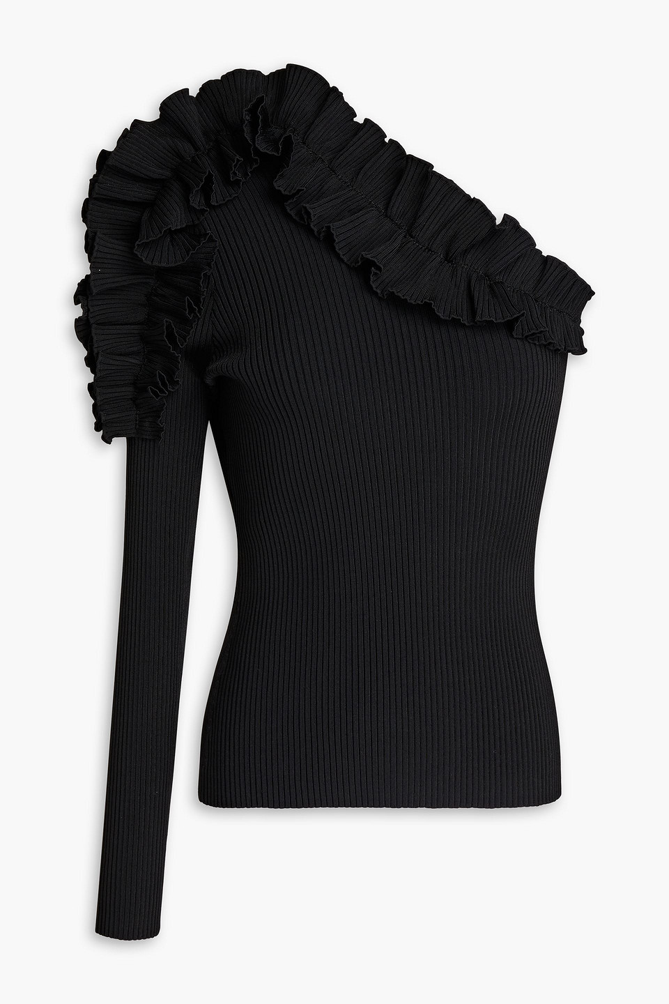 Zimmermann Concert One-sleeve Ruffled Ribbed-knit Top In Black