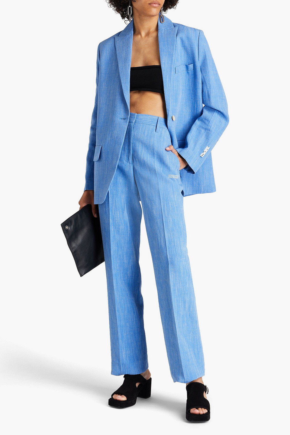 Off-white Logo-print Slub Linen-blend Straight-leg Trousers In Blue