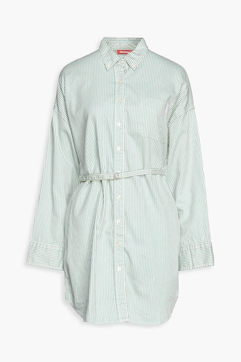 Denimist Belted Striped Cotton-twill Mini Shirt Dress In Blue