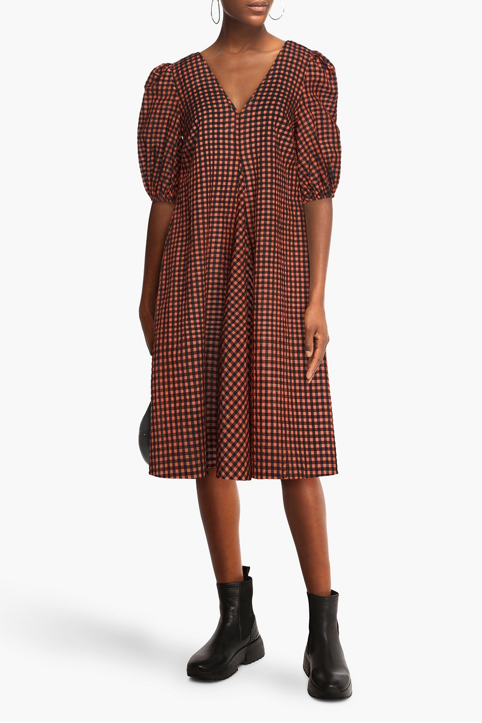Ganni Metallic Gingham Seersucker Midi Dress In Brown
