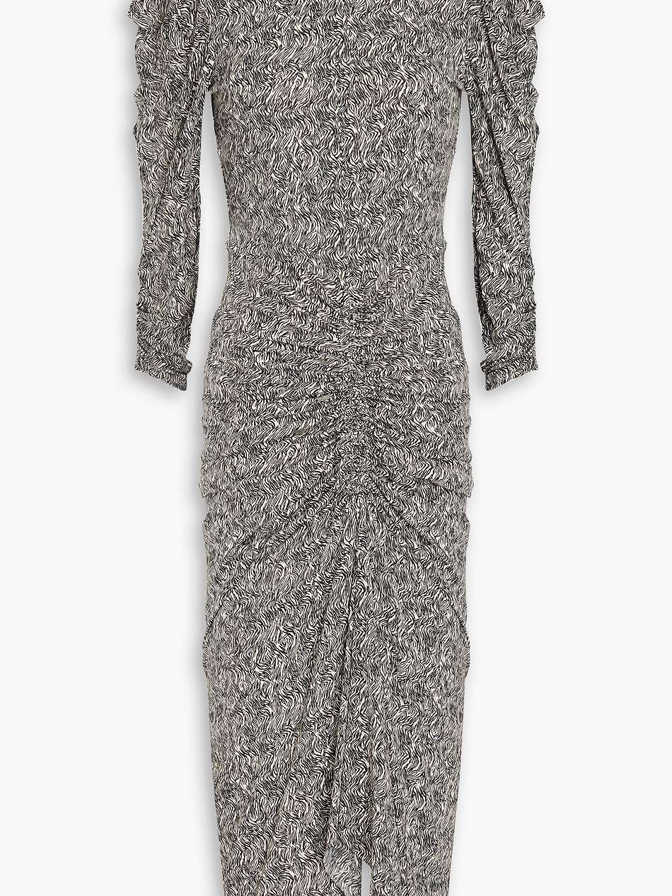 asymmetric ruched printed jersey dress
