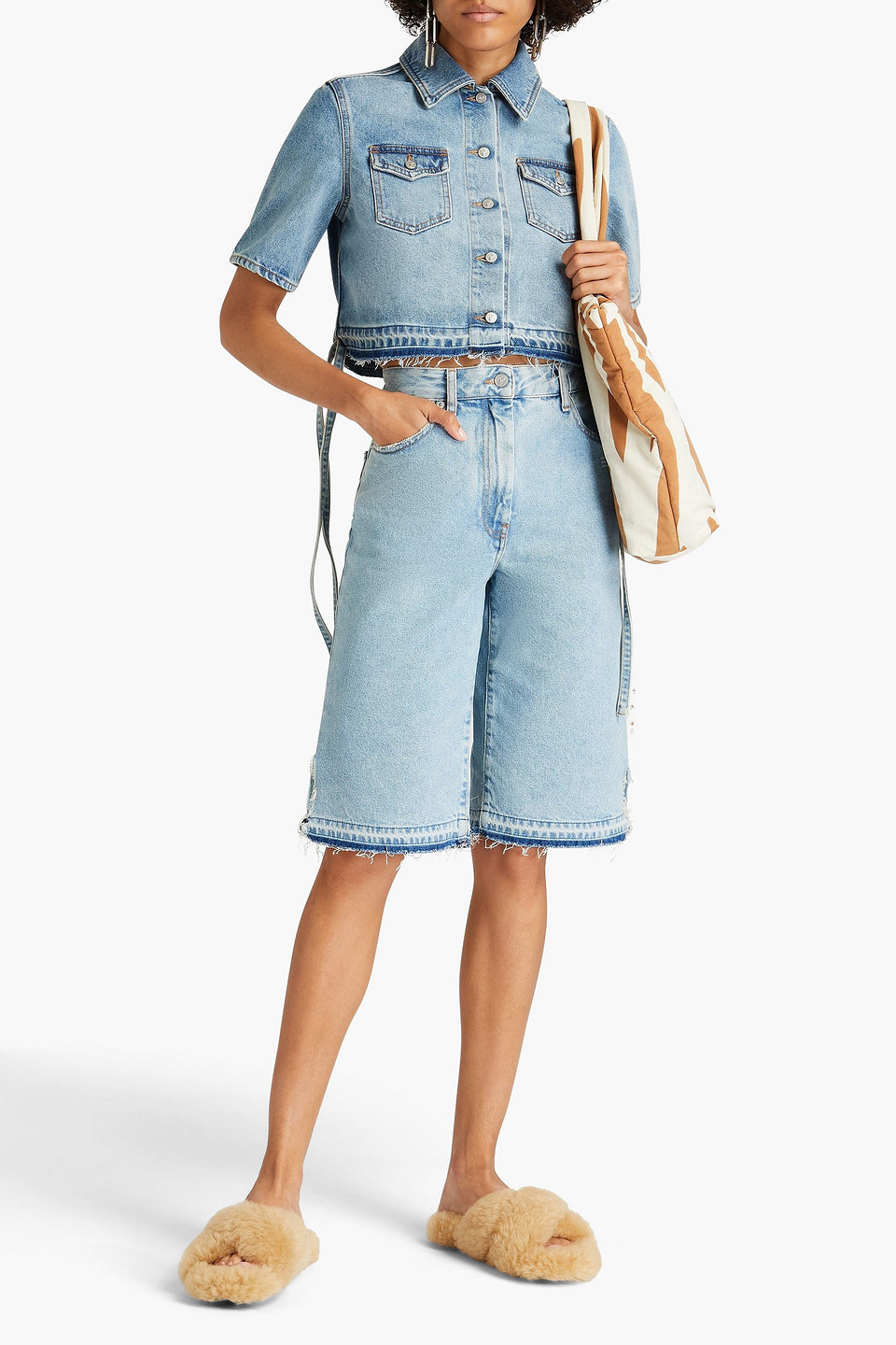 Off-white Cropped Lace-up Denim Shirt In Green