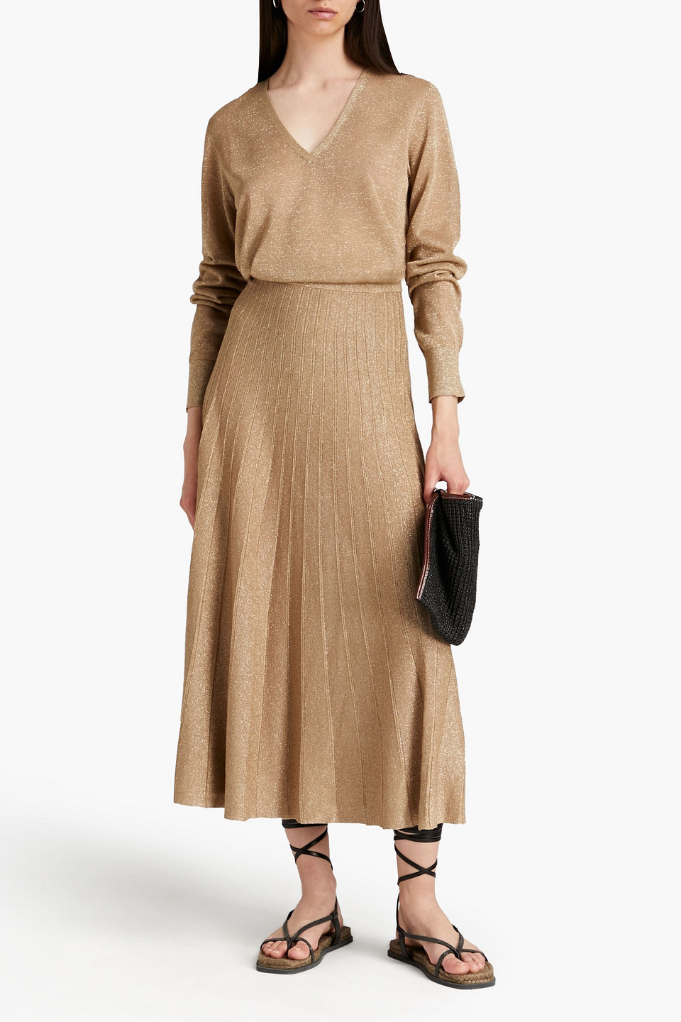 Joseph Metallic Ribbed-knit Midi Skirt In Brown