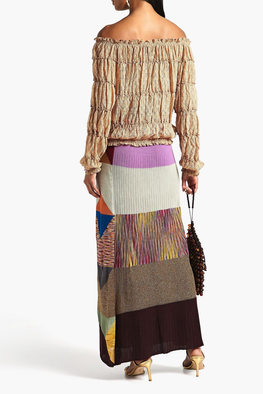 MISSONI Off-the-shoulder shirred metallic crochet-knit top