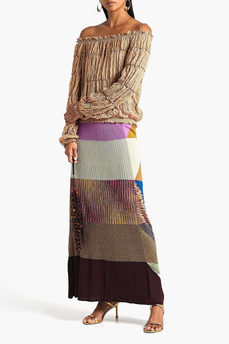 Missoni Off-the-shoulder Shirred Metallic Crochet-knit Top In Platinum