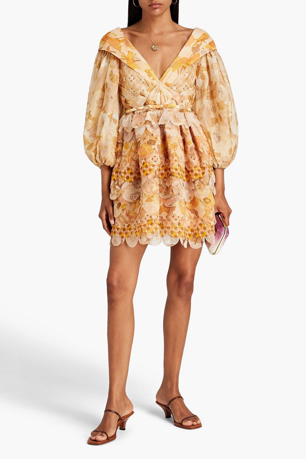ZIMMERMANN Tempo Minikleid aus Gaze aus einer Leinen-Seidenmischung mit floralem Print und Falten