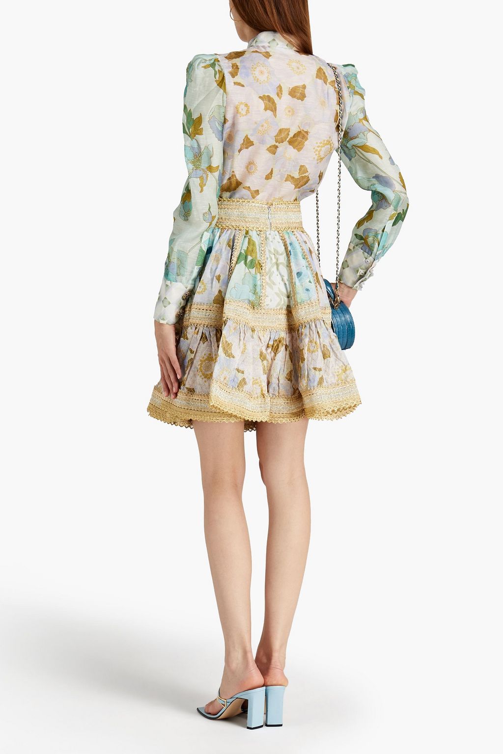 ZIMMERMANN Rhythm geraffter Minirock aus Gaze mit Blumenprint und Metallic-Effekt