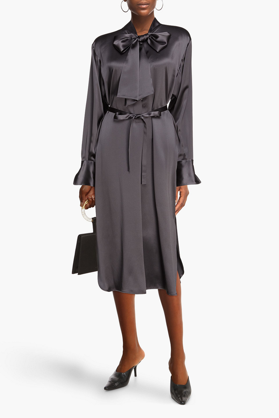 Joseph Doriane Tie-front Silk-satin Midi Dress In Grey