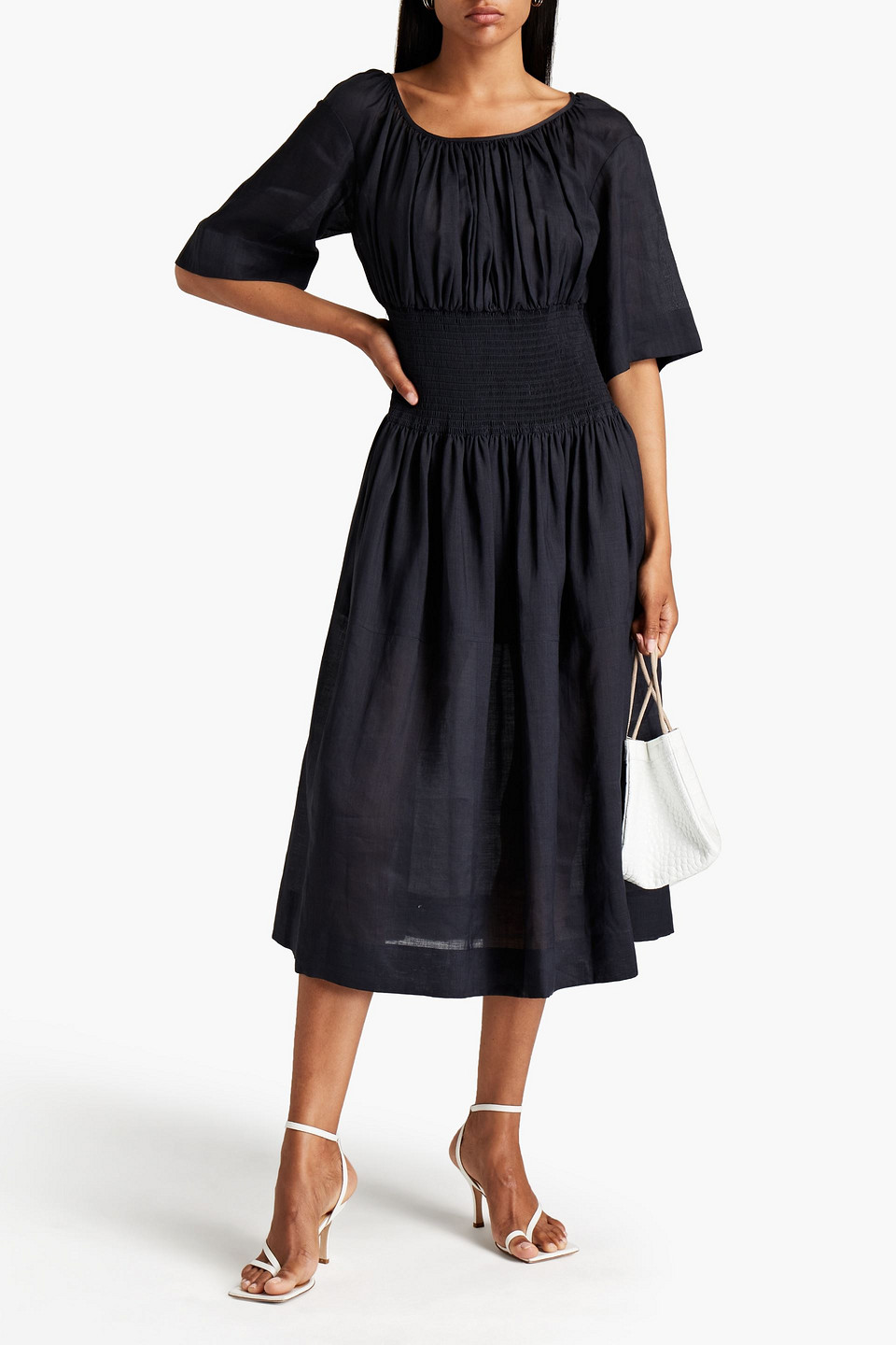 Joseph Shirred Ramie-voile Midi Dress In Black
