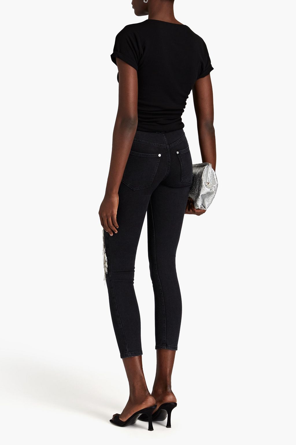 BALMAIN Embroidered embellished high-rise slim-leg jeans