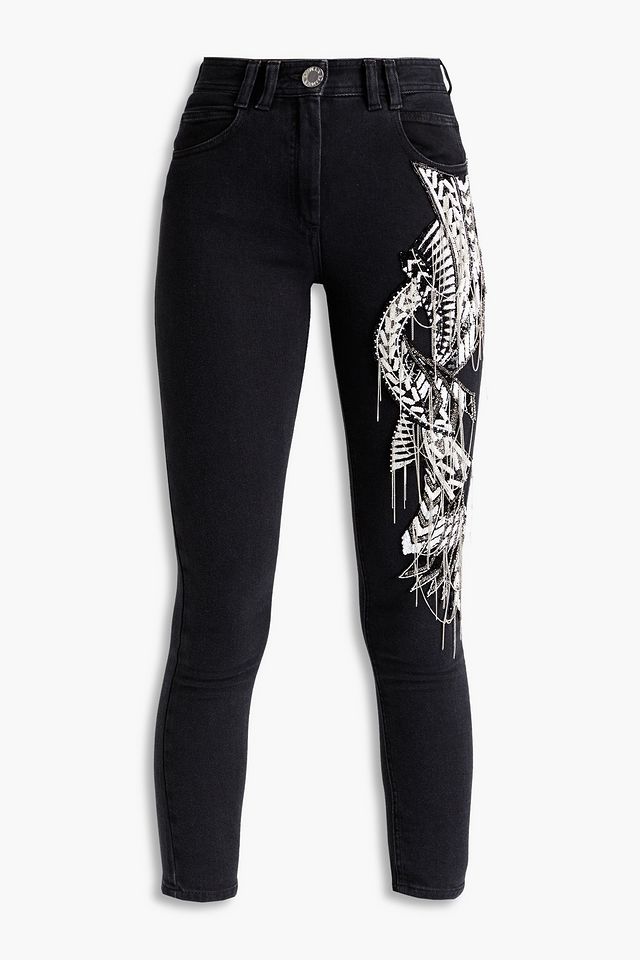 Embroidered embellished high-rise slim-leg jeans