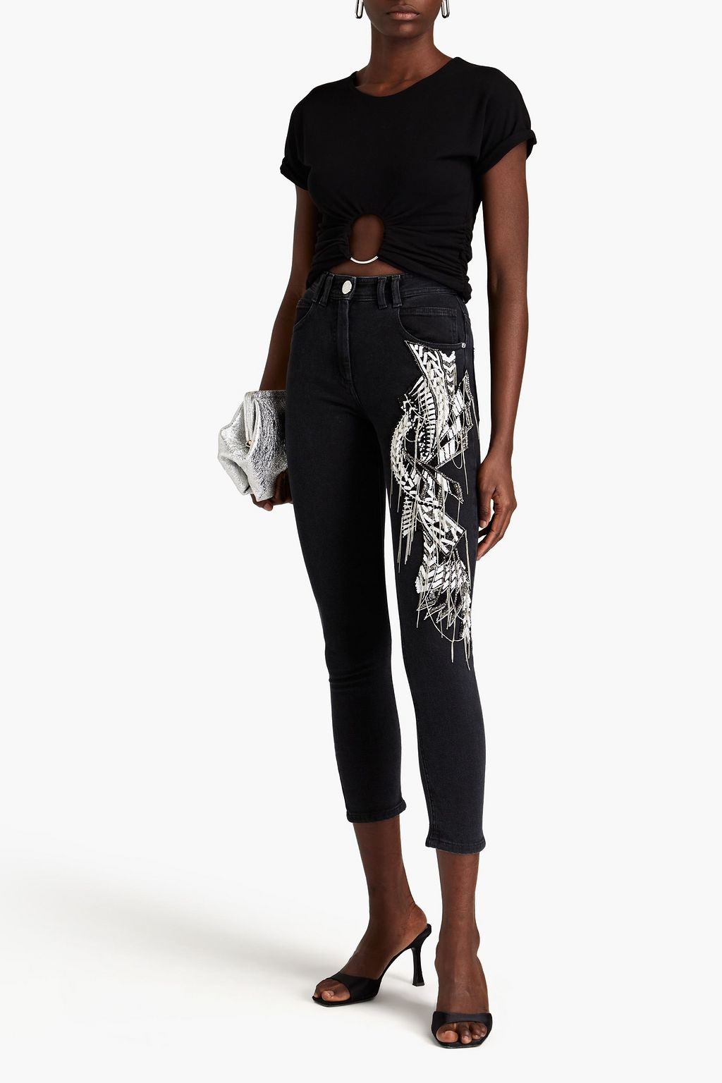 BALMAIN Embroidered embellished high-rise slim-leg jeans