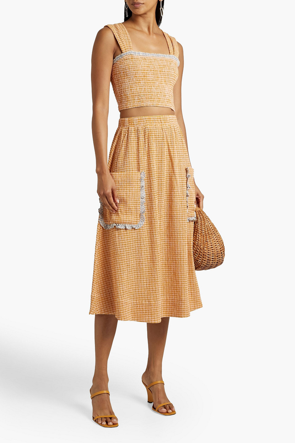Rhode Luna Cropped Shirred Gingham Gauze Tank In Saffron