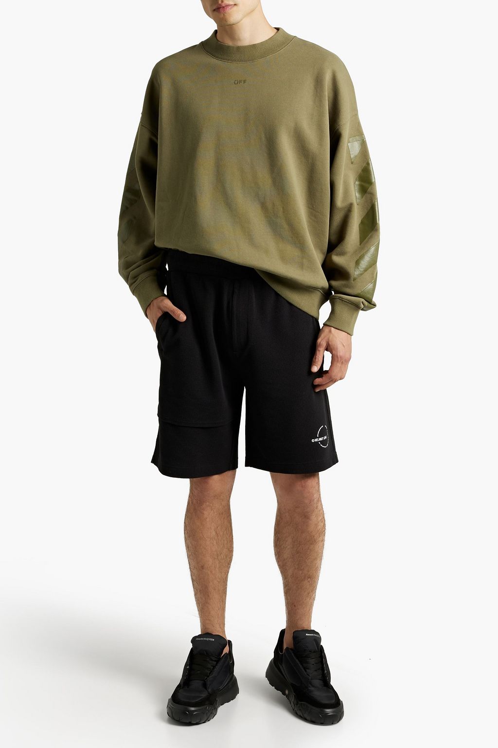 HELMUT LANG Printed layered waffle-knit cotton shorts