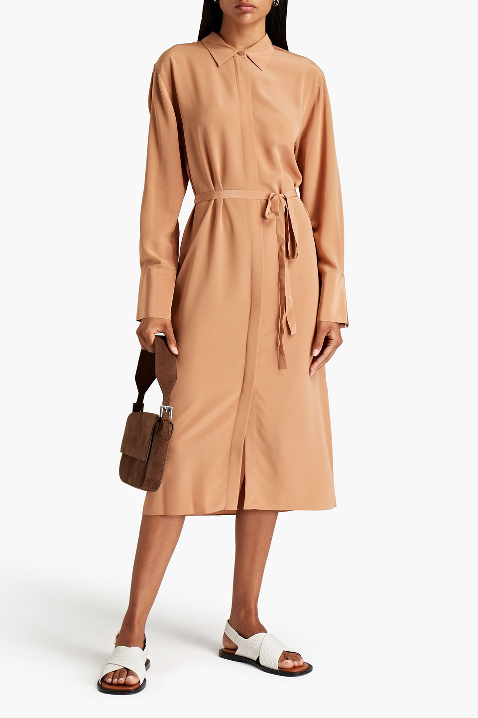 Joseph Belted Silk Crepe De Chine Midi Shirt Dress In Brown