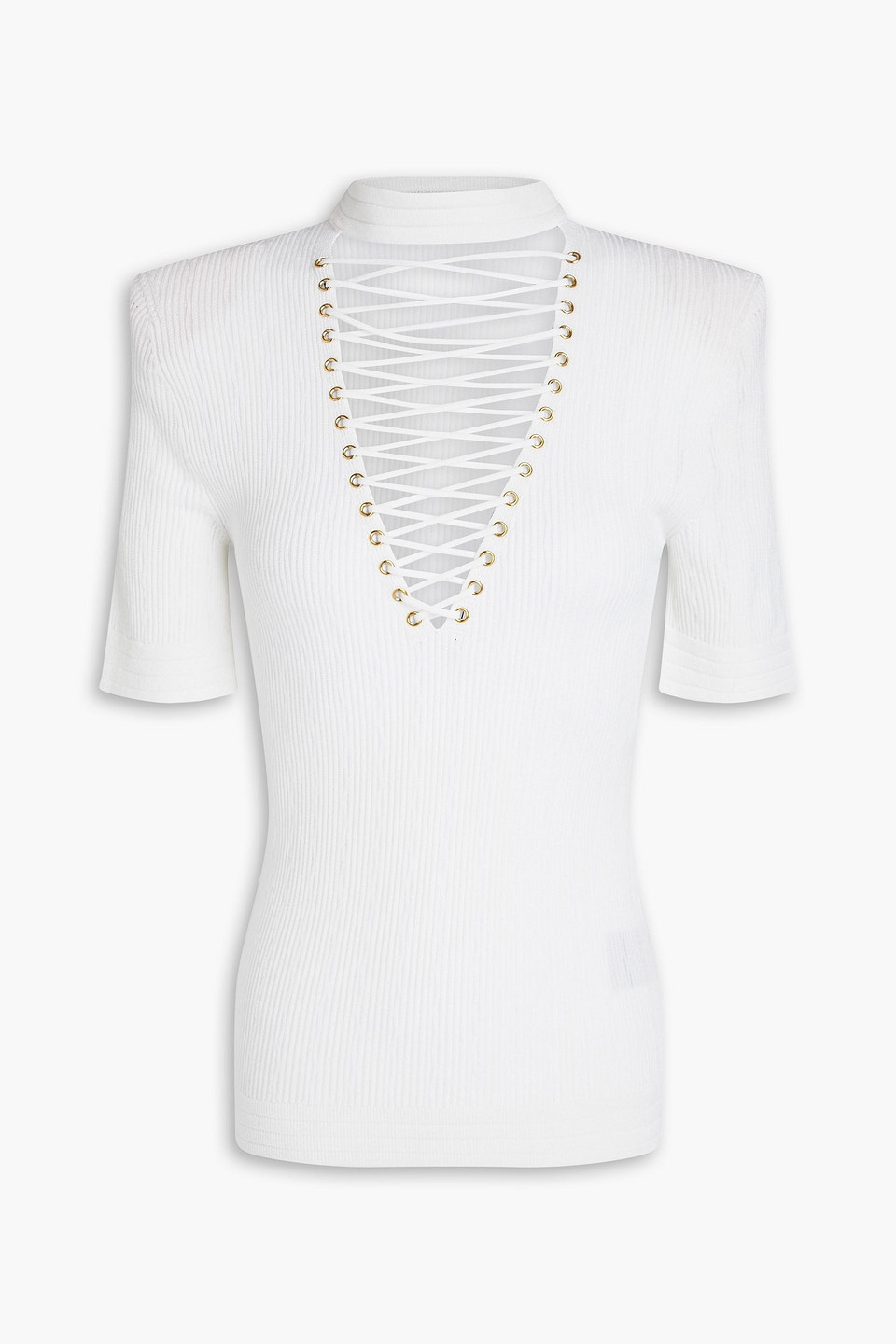 balmain - lace-up ribbed-knit top - white - fr 38