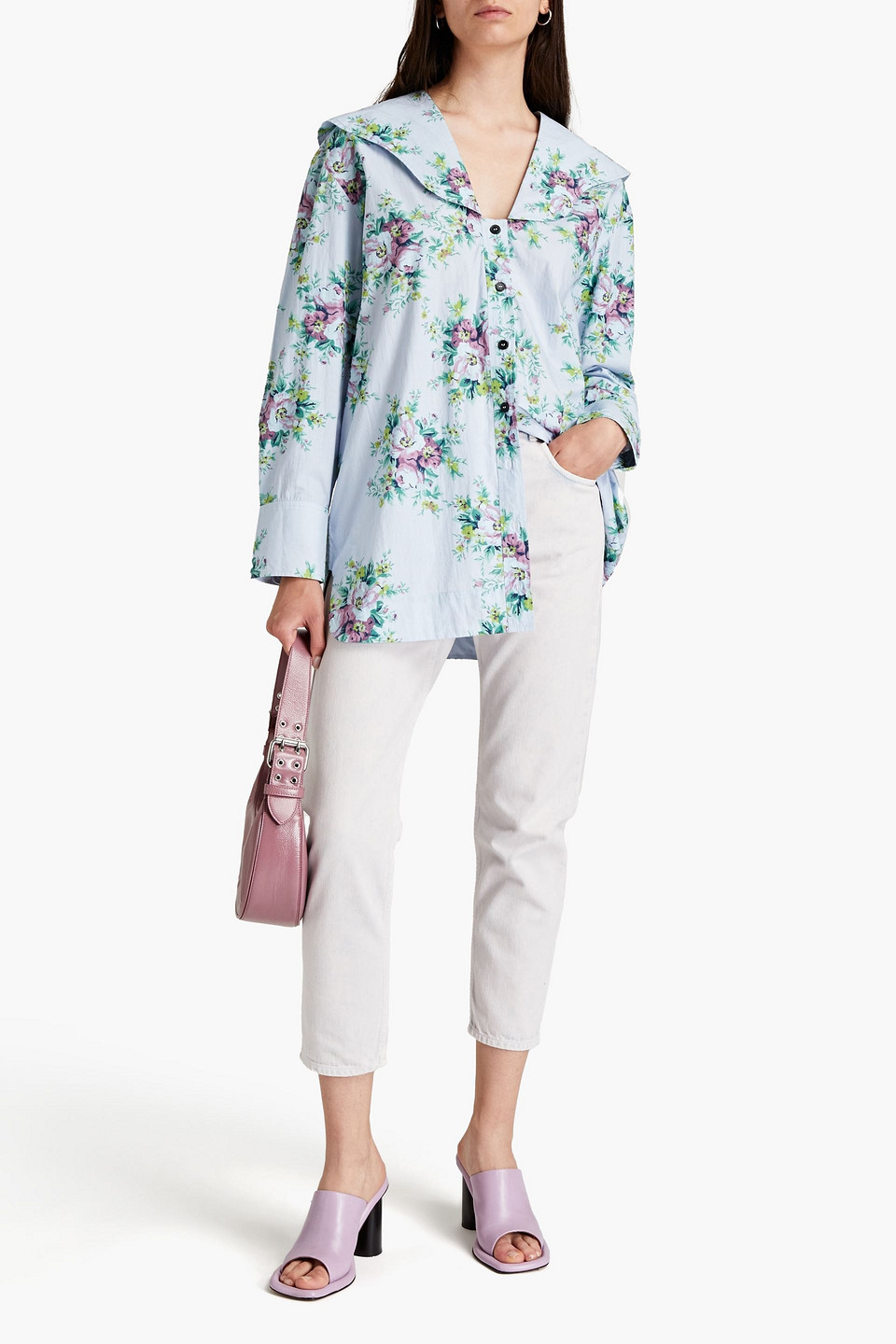 Ganni Floral-print Organic Cotton-poplin Shirt In Light Blue