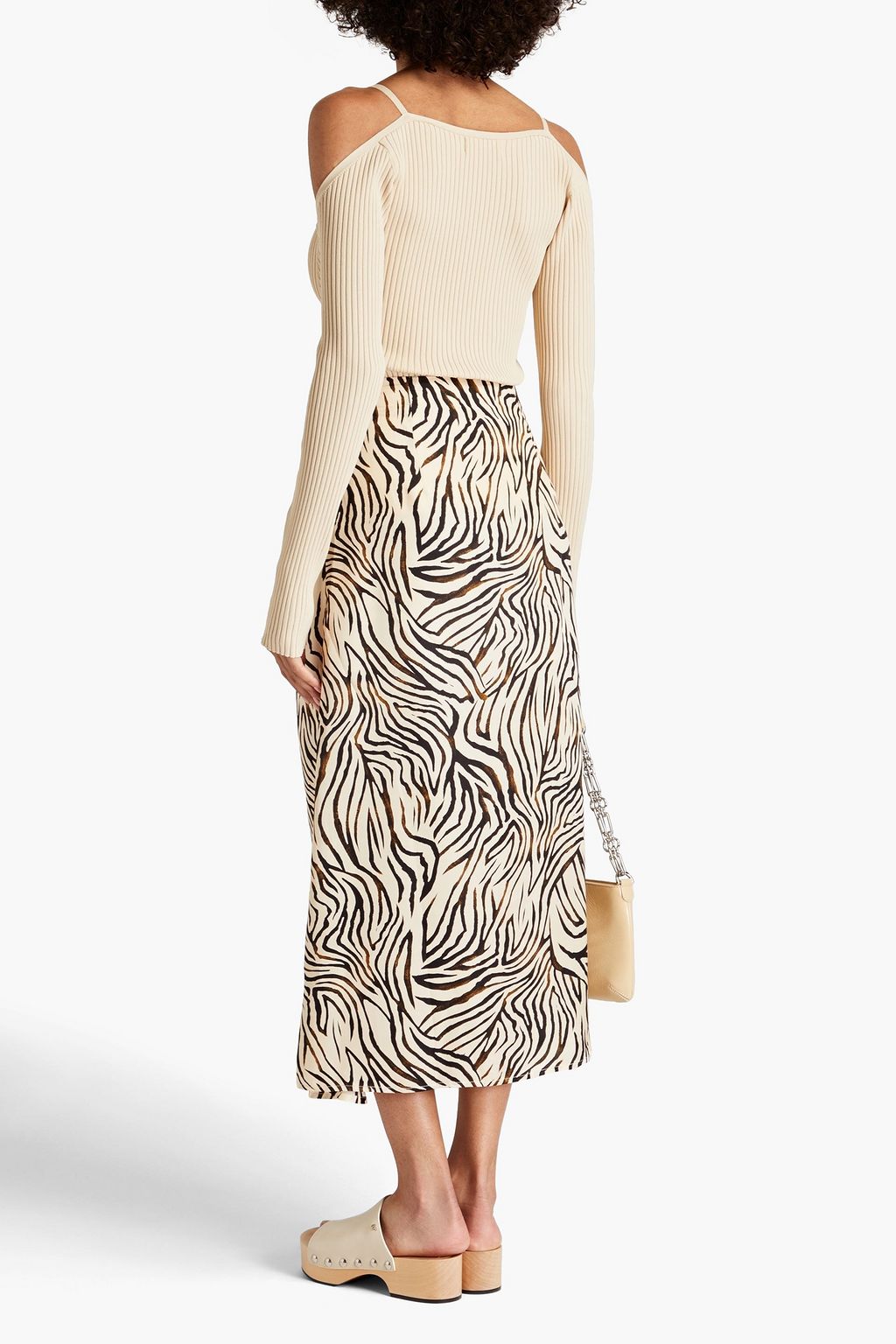 NICHOLAS Ruched zebra-print satin midi skirt