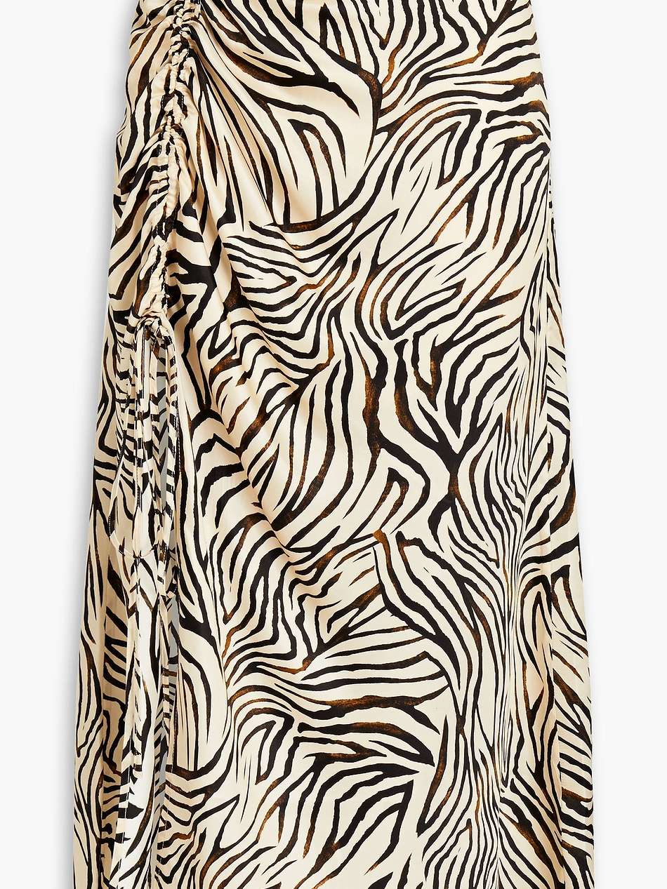 ruched zebra-print satin midi skirt