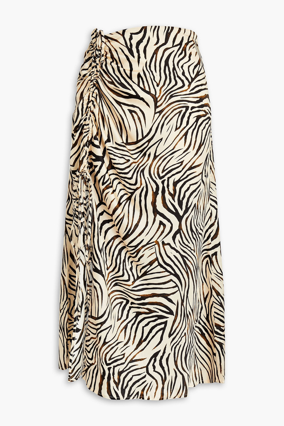 Ruched zebra-print satin midi skirt